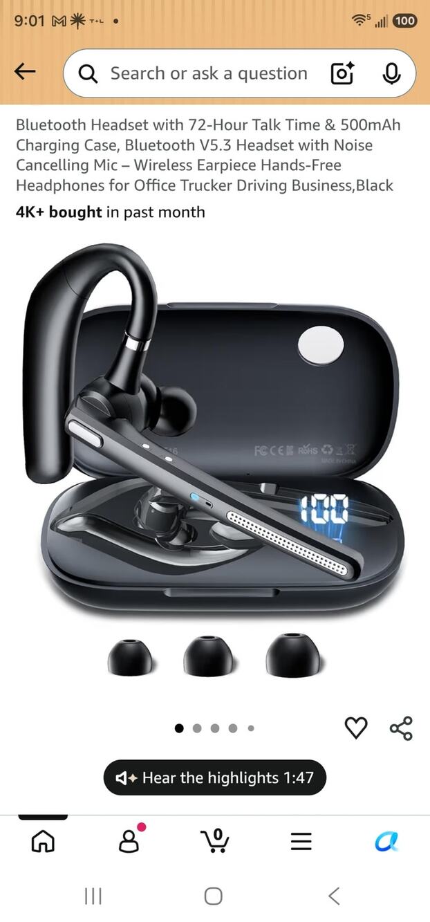 Bluetooth Headset with 72-Hour Talk Time & 500mAh Charging Case, Black
